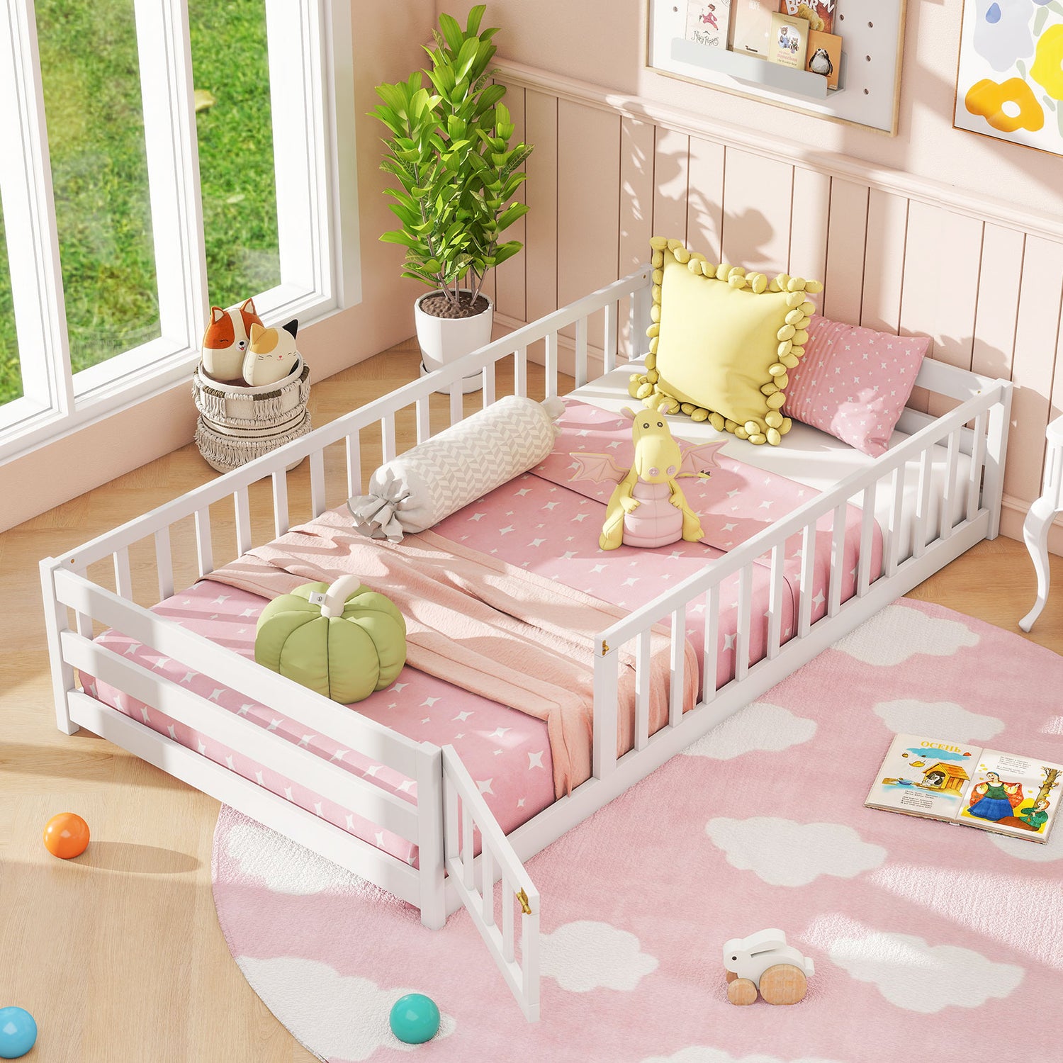 Twin Size Kids Wood Montessori Floor Bed with Door and Fence