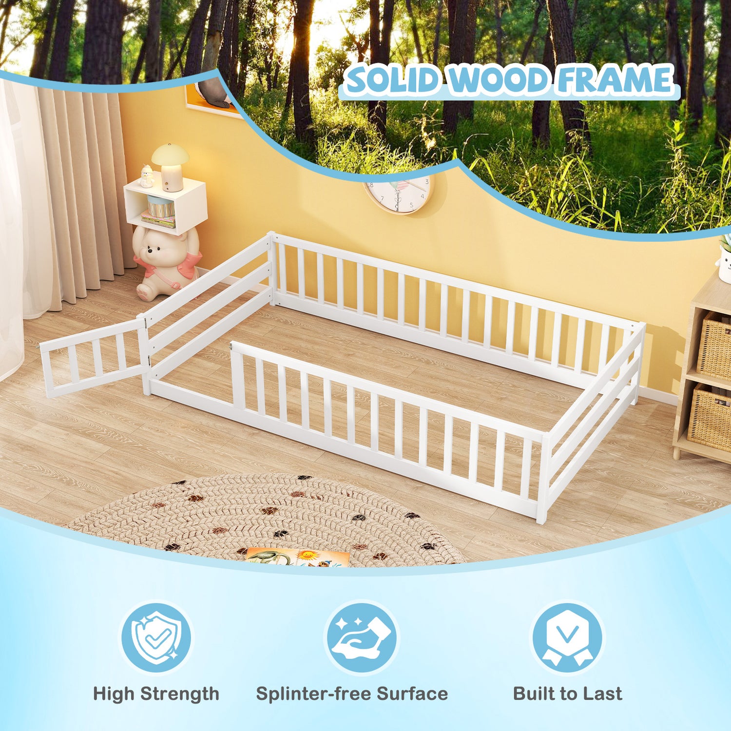 Twin Size Kids Wood Montessori Floor Bed with Door and Fence