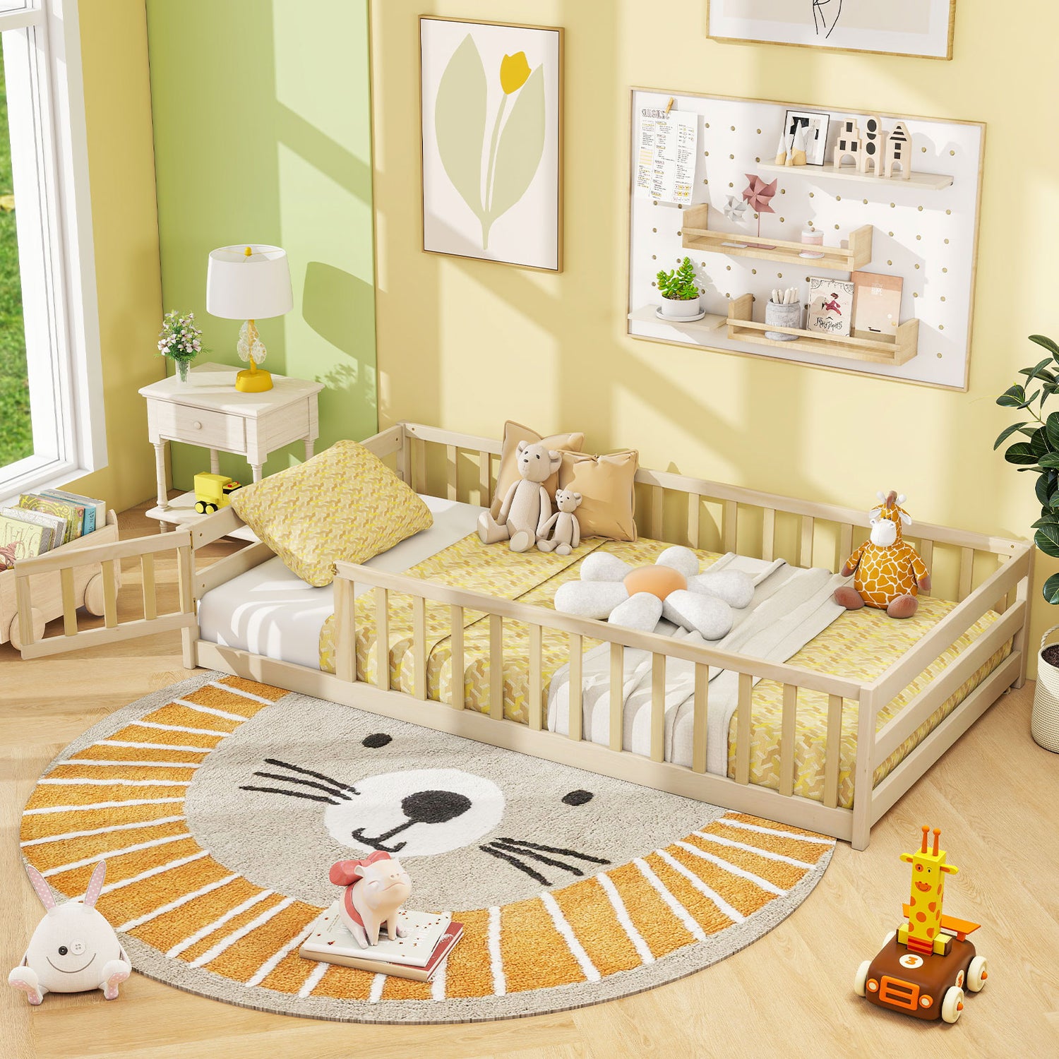 Twin Size Kids Wood Montessori Floor Bed with Door and Fence
