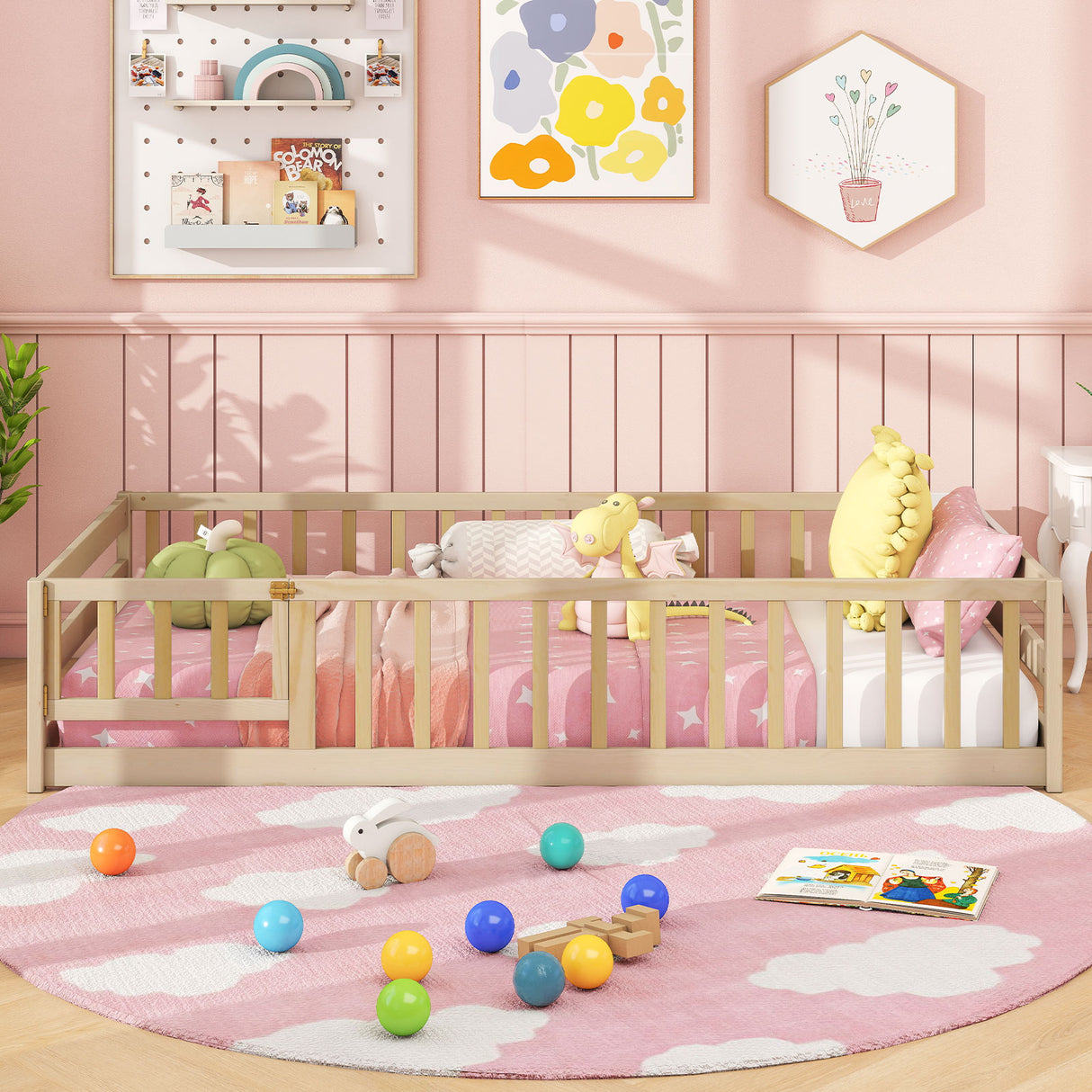 Twin Size Kids Wood Montessori Floor Bed with Door and Fence