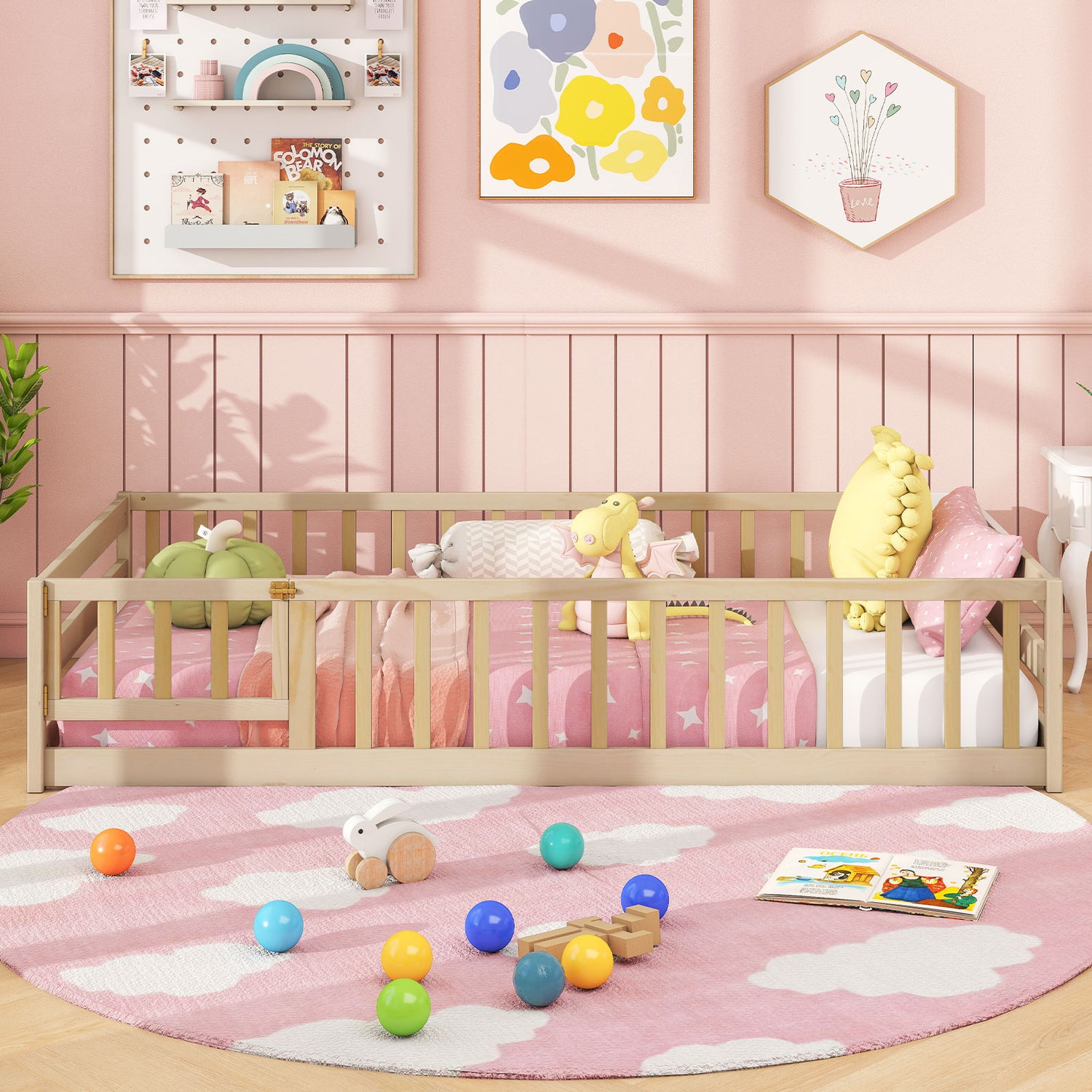 Twin Size Kids Wood Montessori Floor Bed with Door and Fence