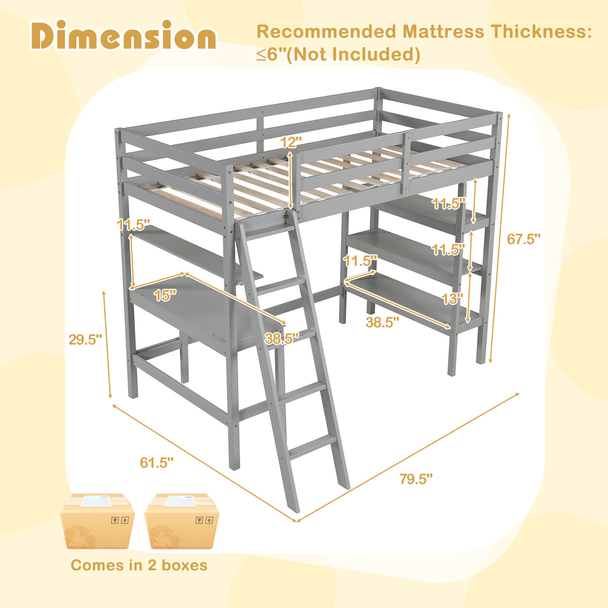 Twin Size Loft Bed with Desk and Bookshelves for Kids and Teens