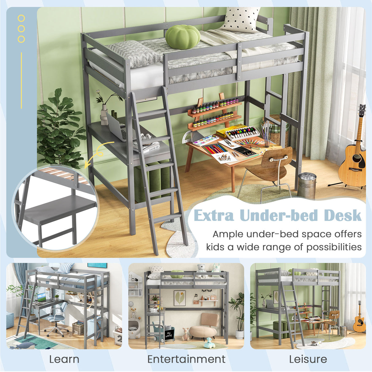 Twin Size Loft Bed Frame with Desk Angled and Built-in Ladder