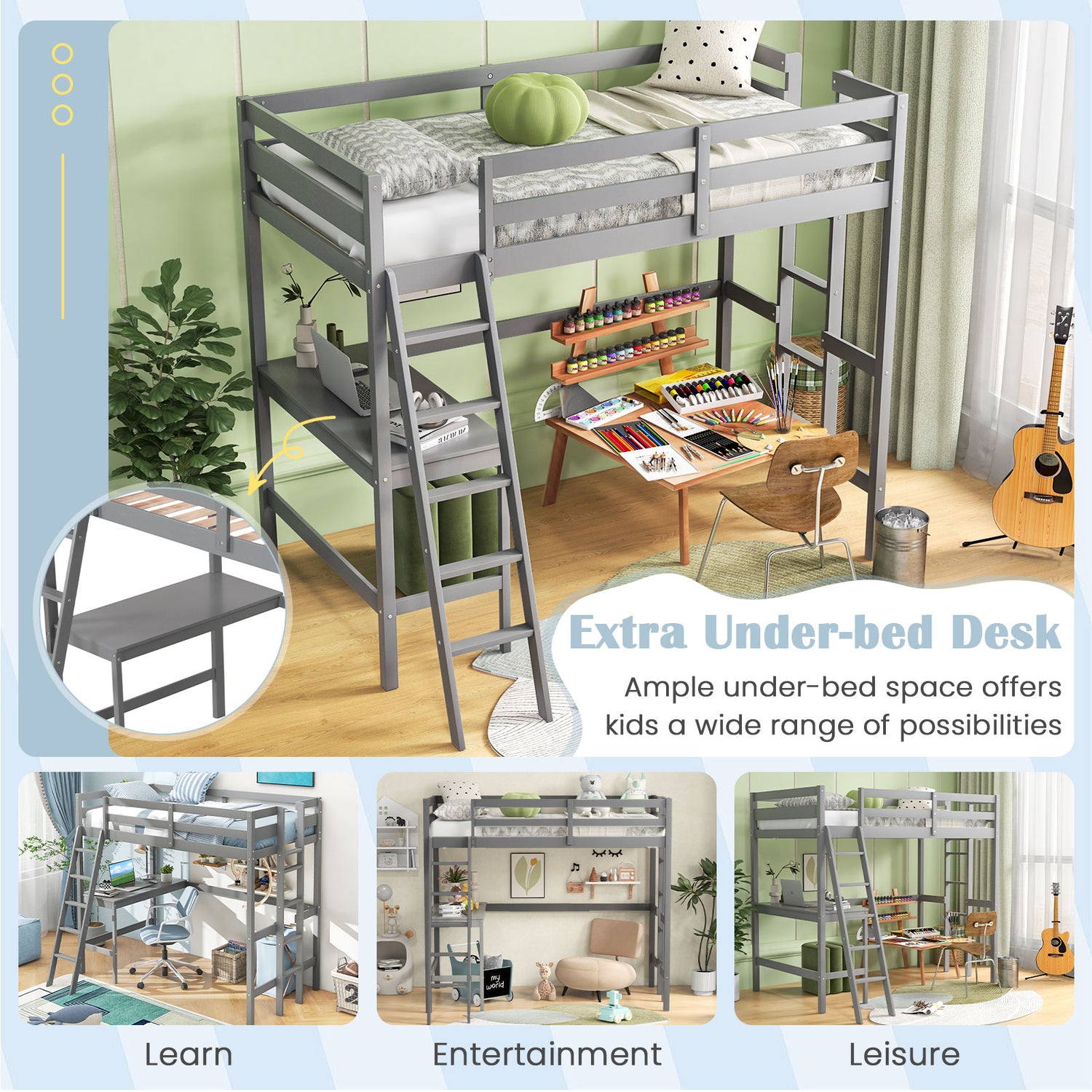 Twin Size Loft Bed Frame with Desk Angled and Built-in Ladder