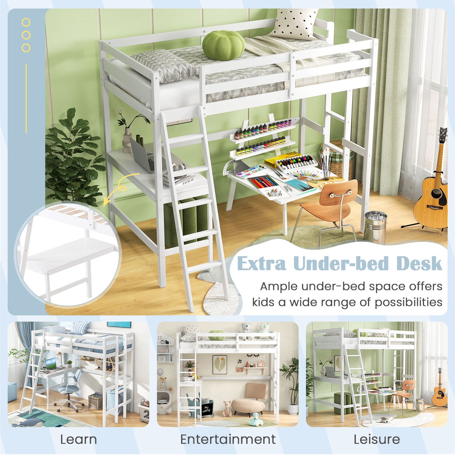 Twin Size Loft Bed Frame with Desk Angled and Built-in Ladder