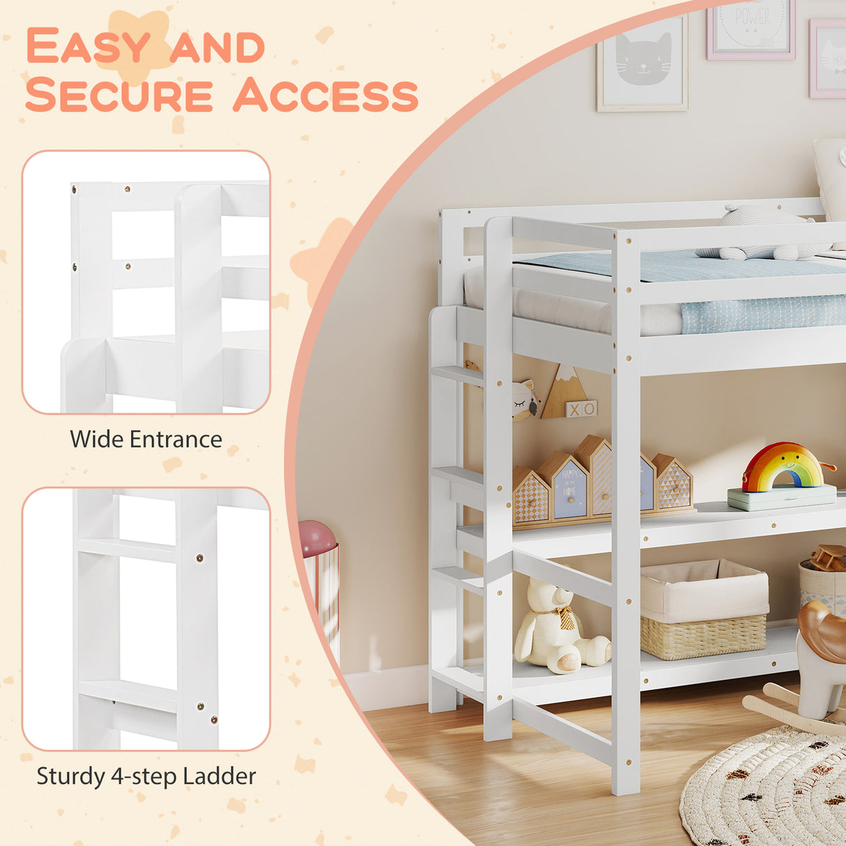 Twin Size Loft Bed with Storage Shelves Full-length Guardrails and Ladder-White
