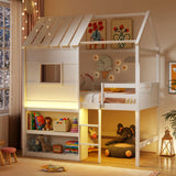 Twin Size Loft Bed with LED Lights  Roof  Window and Storage Bookshelf-White