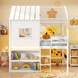 Twin Size Loft Bed with LED Lights  Roof  Window and Storage Bookshelf-White