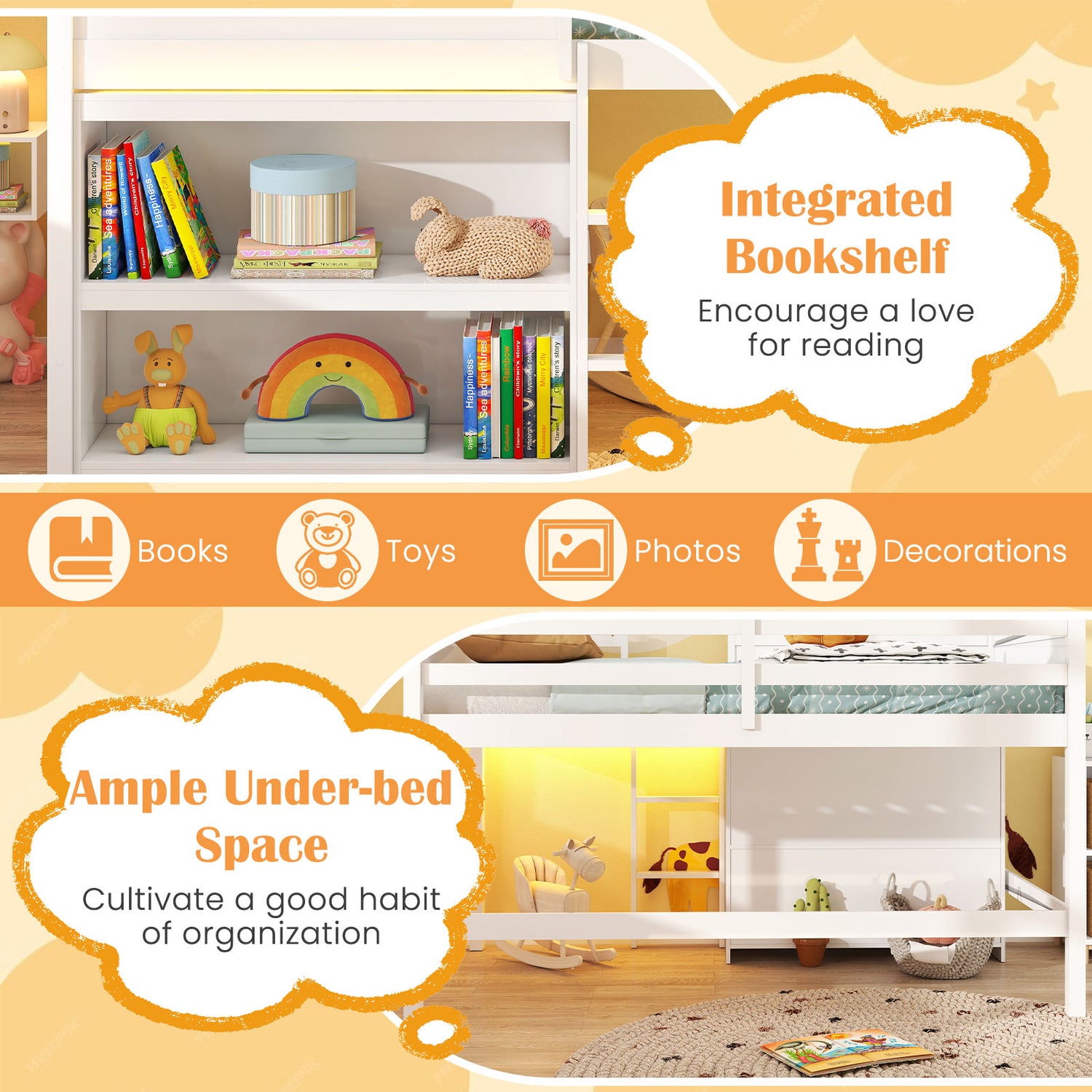 Twin Size Loft Bed with LED Lights  Roof  Window and Storage Bookshelf-White