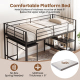Twin Size Loft Bed with Rolling Desk and Bookshelf Platform Bed Frame