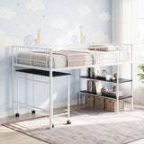 Twin Size Loft Bed with Rolling Desk and Bookshelf Platform Bed Frame