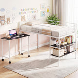 Twin Size Loft Bed with Rolling Desk and Bookshelf Platform Bed Frame