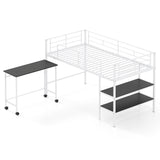Twin Size Loft Bed with Rolling Desk and Bookshelf Platform Bed Frame