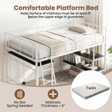 Twin Size Loft Bed with Rolling Desk and Bookshelf Platform Bed Frame