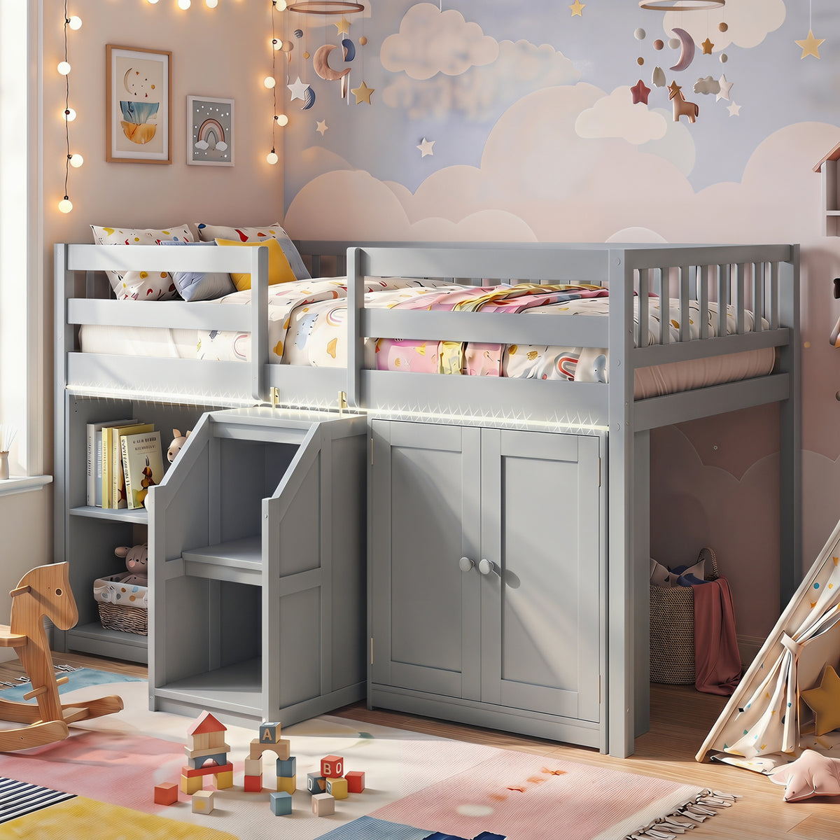 Twin Size Loft Bed with LED Lights and Kids Wooden Bed Frame