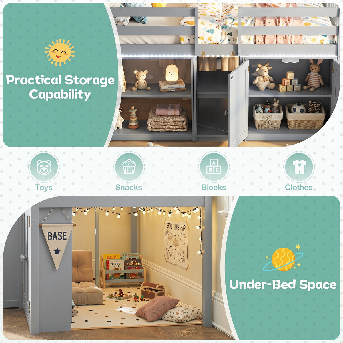 Twin Size Loft Bed with LED Lights and Kids Wooden Bed Frame