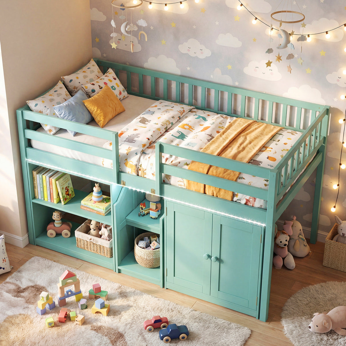 Twin Size Loft Bed with LED Lights and Kids Wooden Bed Frame