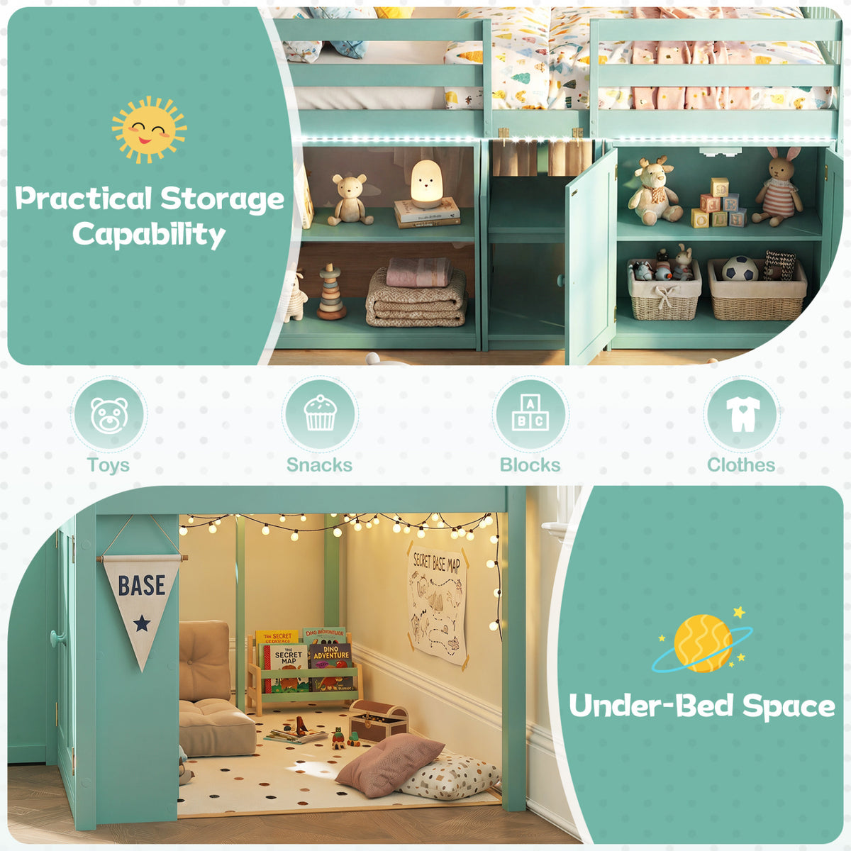 Twin Size Loft Bed with LED Lights and Kids Wooden Bed Frame