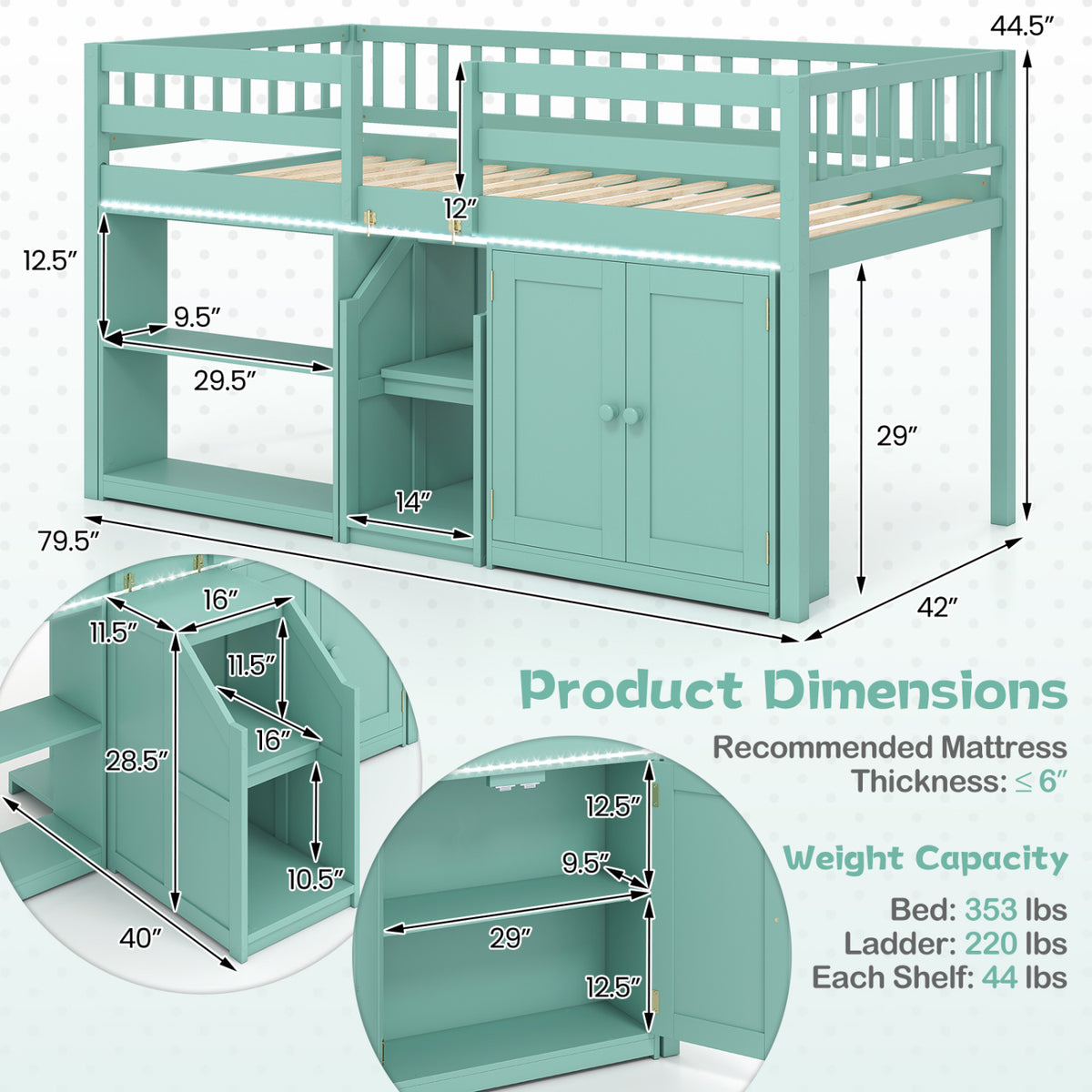 Twin Size Loft Bed with LED Lights and Kids Wooden Bed Frame