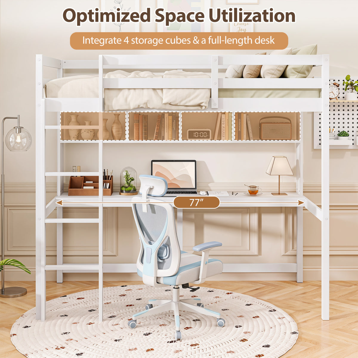 Twin Size Loft Bed with Desk and Shelves for Home Dorm Apartment No Box Spring Needed-White