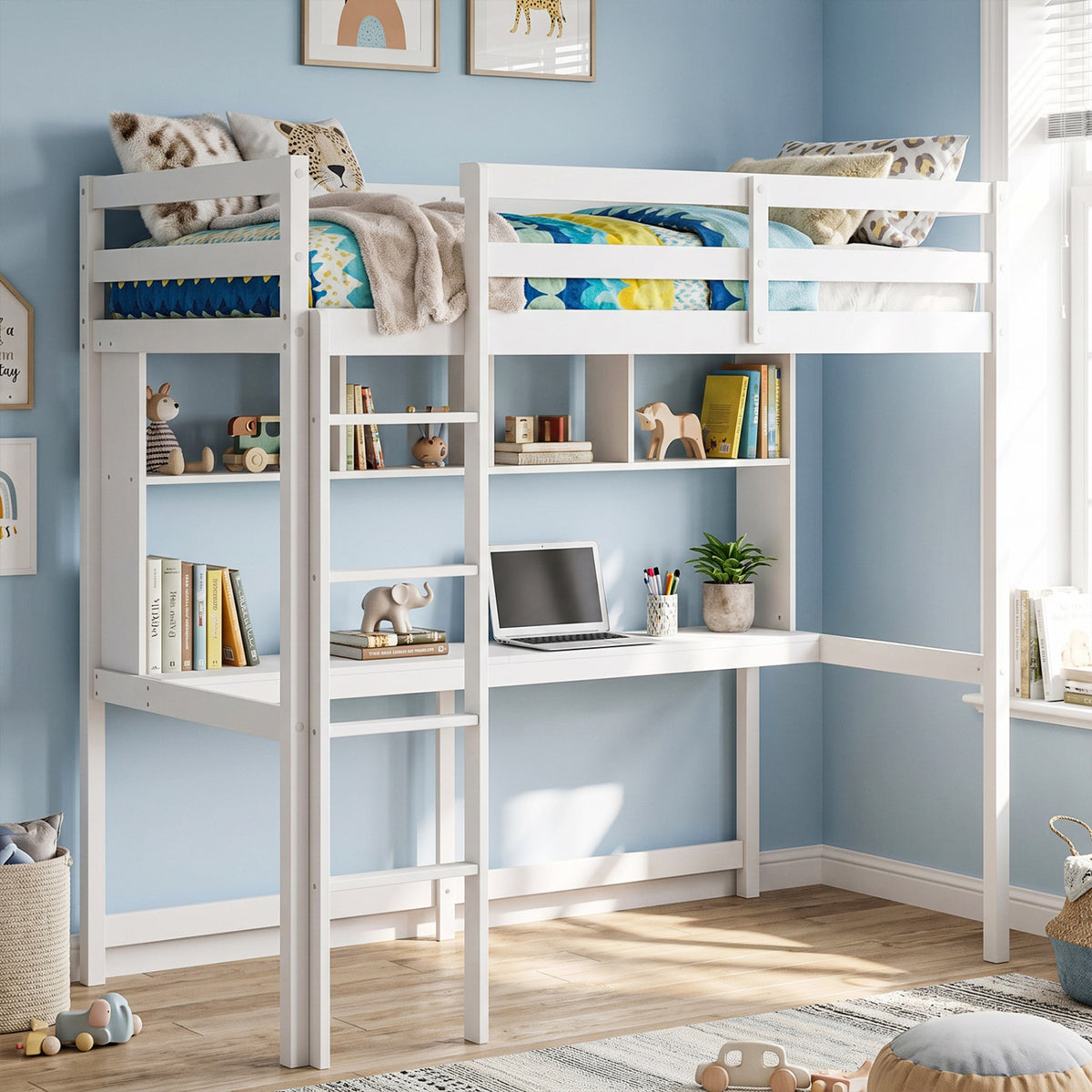 Twin Size Loft Bed with Desk and Shelves for Home Dorm Apartment No Box Spring Needed-White
