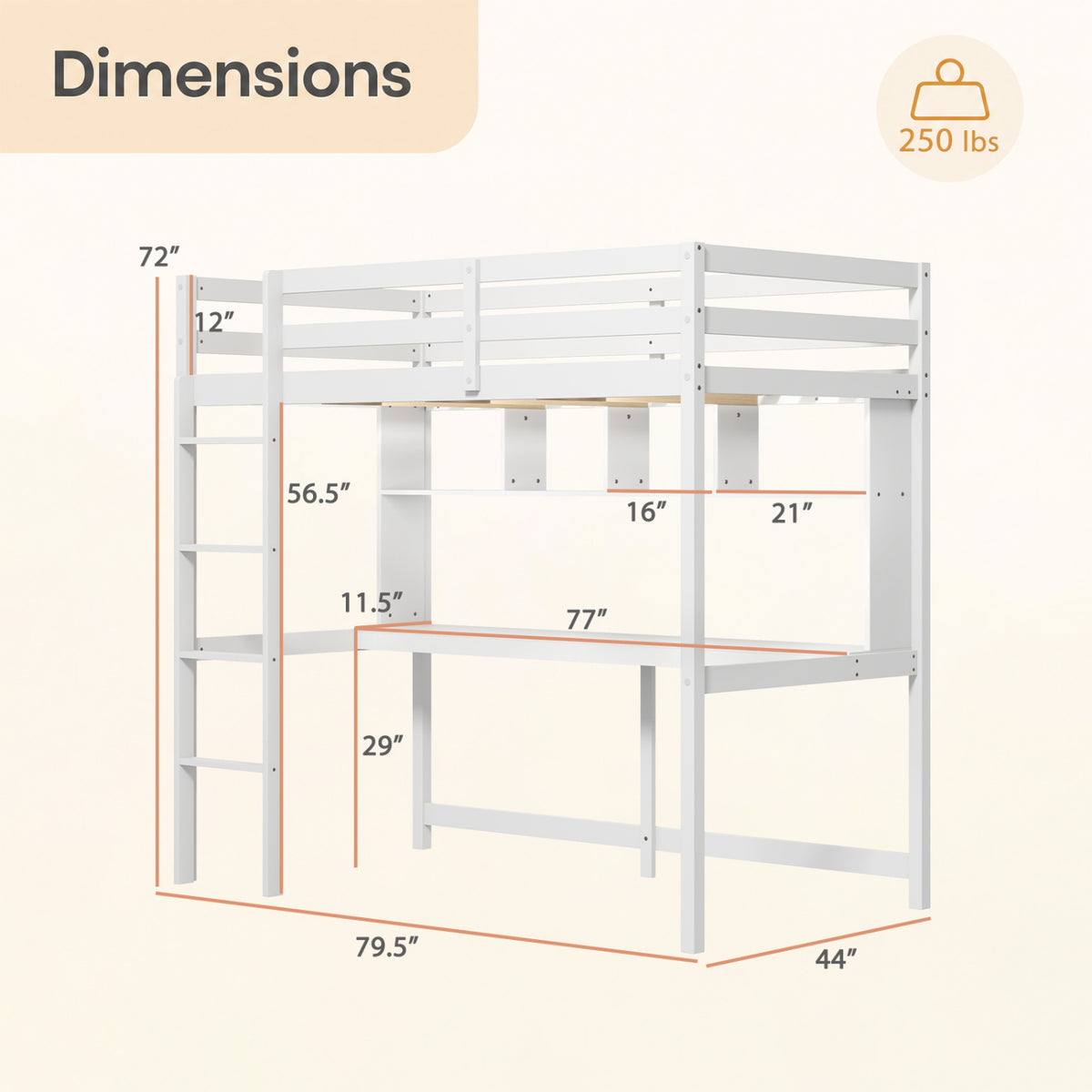Twin Size Loft Bed with Desk and Shelves for Home Dorm Apartment No Box Spring Needed-White
