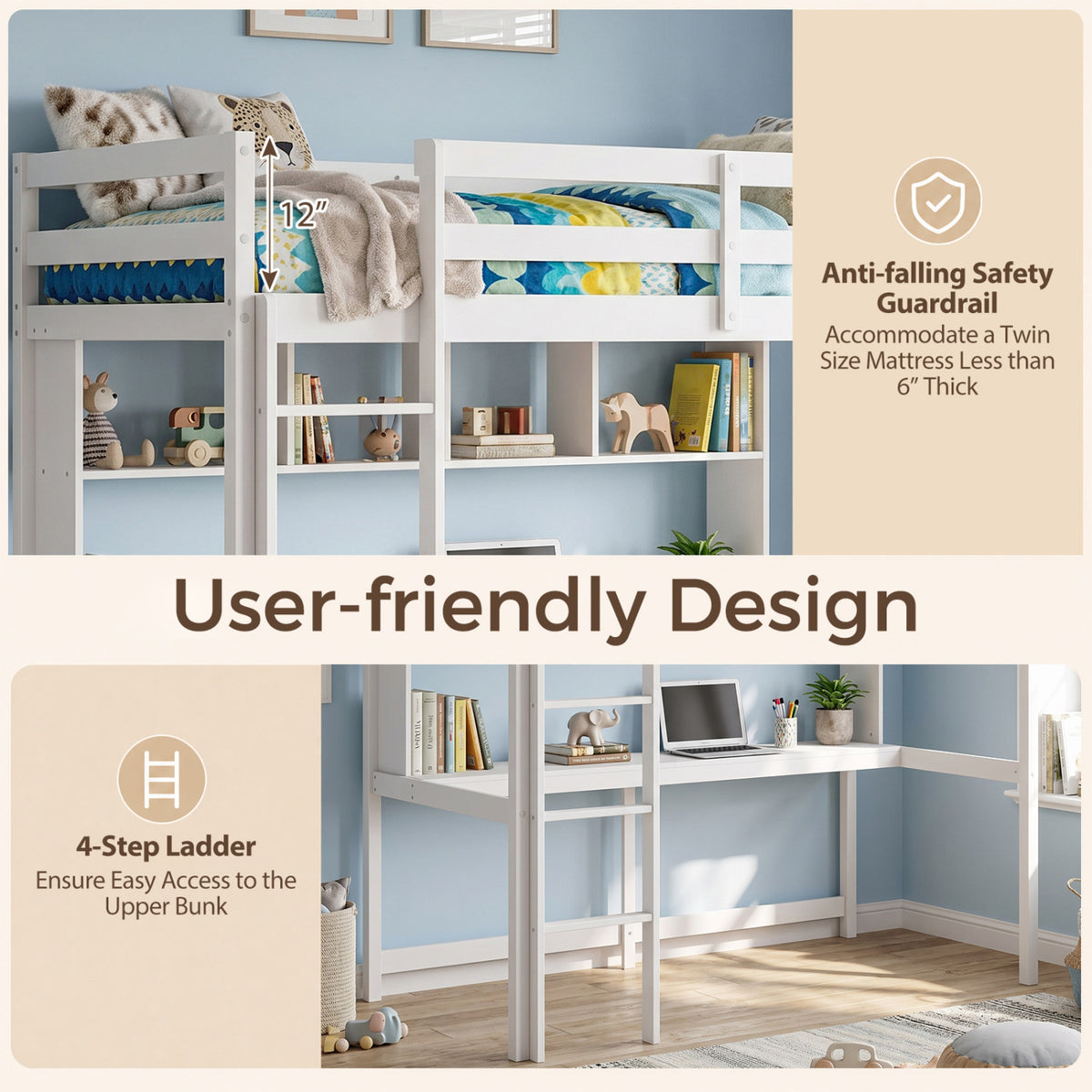 Twin Size Loft Bed with Desk and Shelves for Home Dorm Apartment No Box Spring Needed-White
