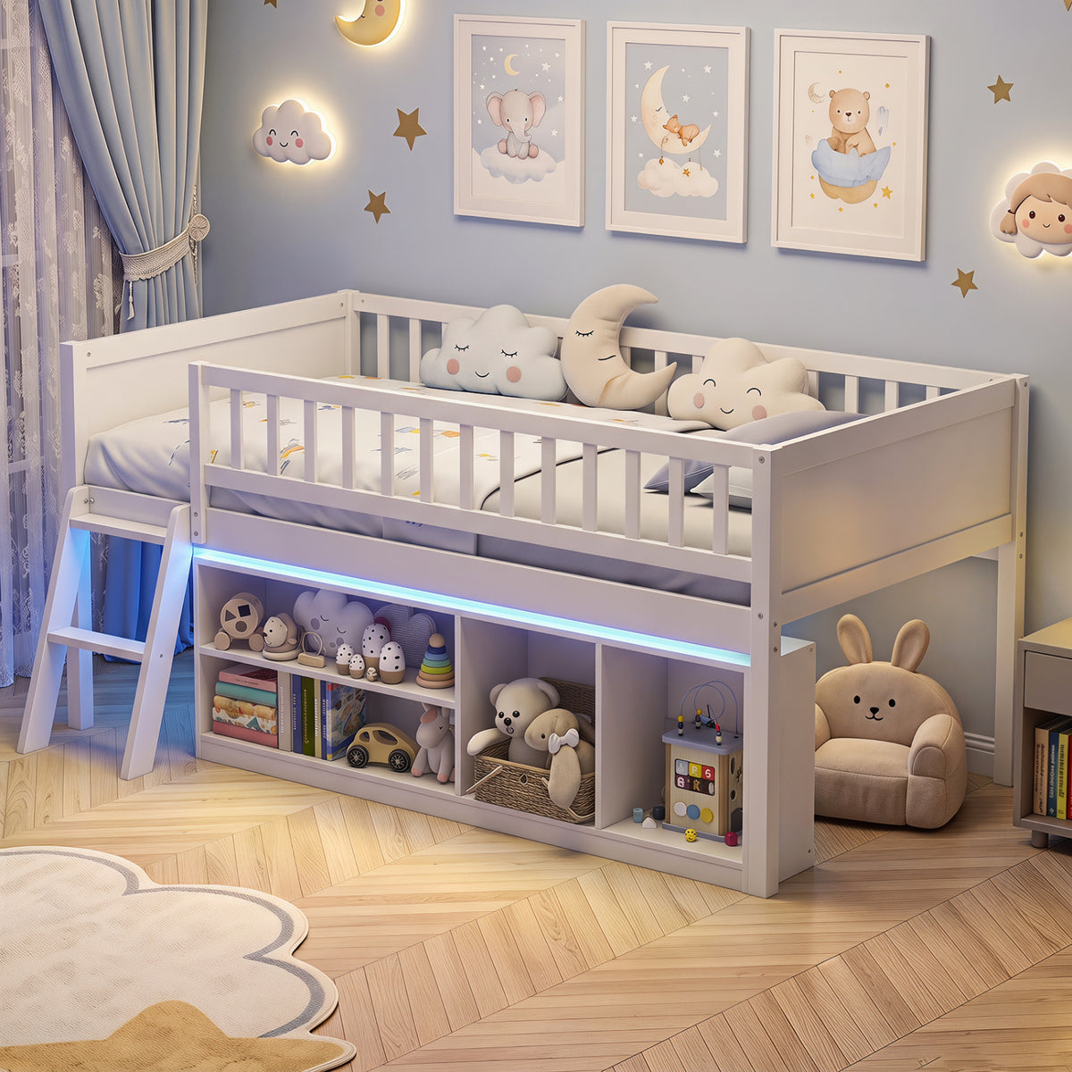 Twin Size Loft Bed with Adjustable LED Lights & Bookshelves and Guardrails for Kids