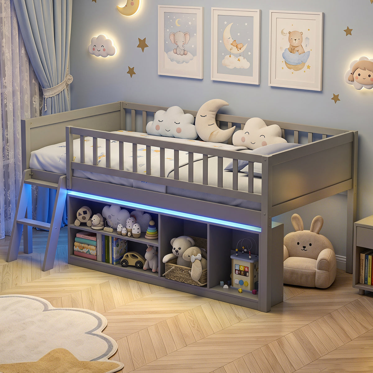 Twin Size Loft Bed with Adjustable LED Lights & Bookshelves and Guardrails for Kids