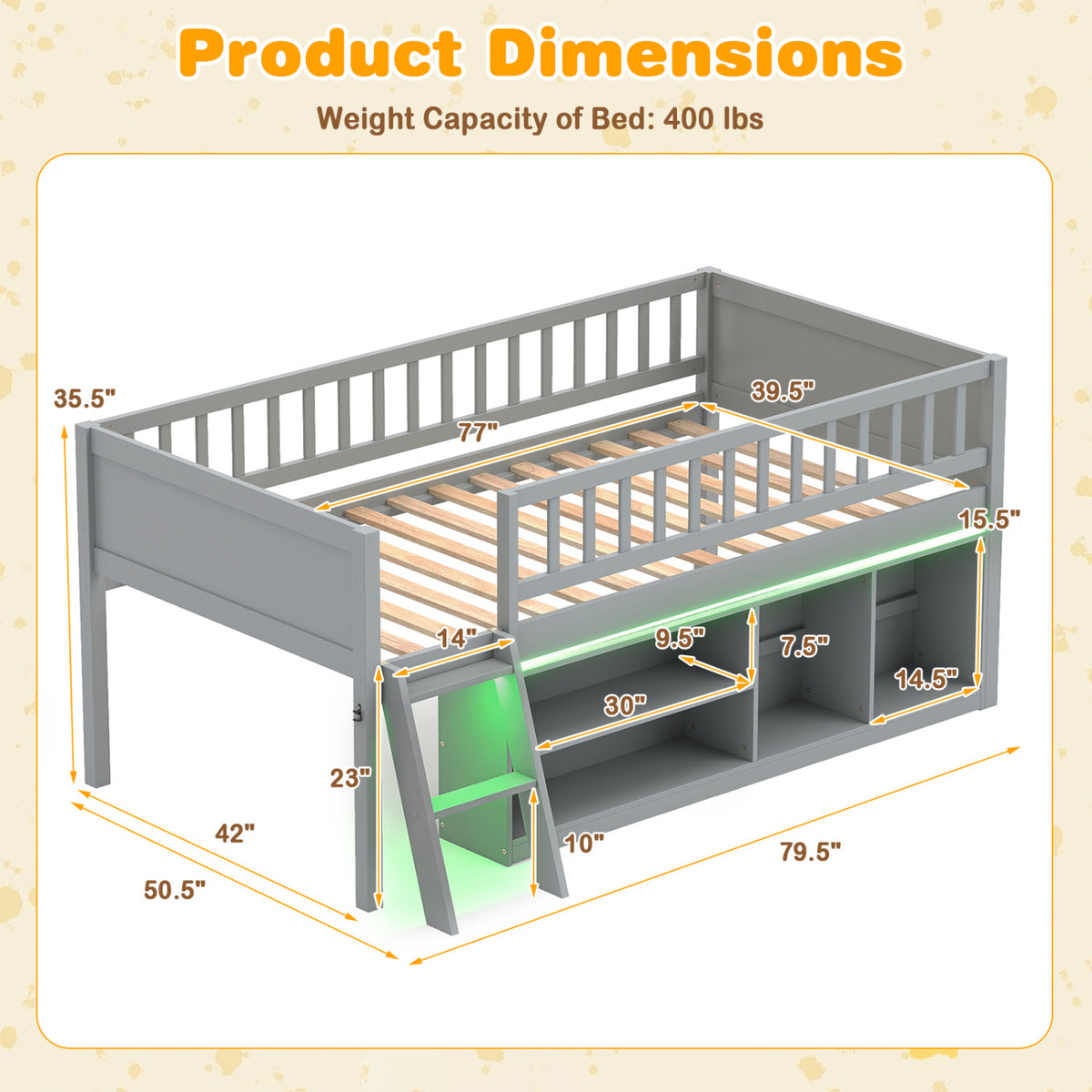 Twin Size Loft Bed with Adjustable LED Lights & Bookshelves and Guardrails for Kids