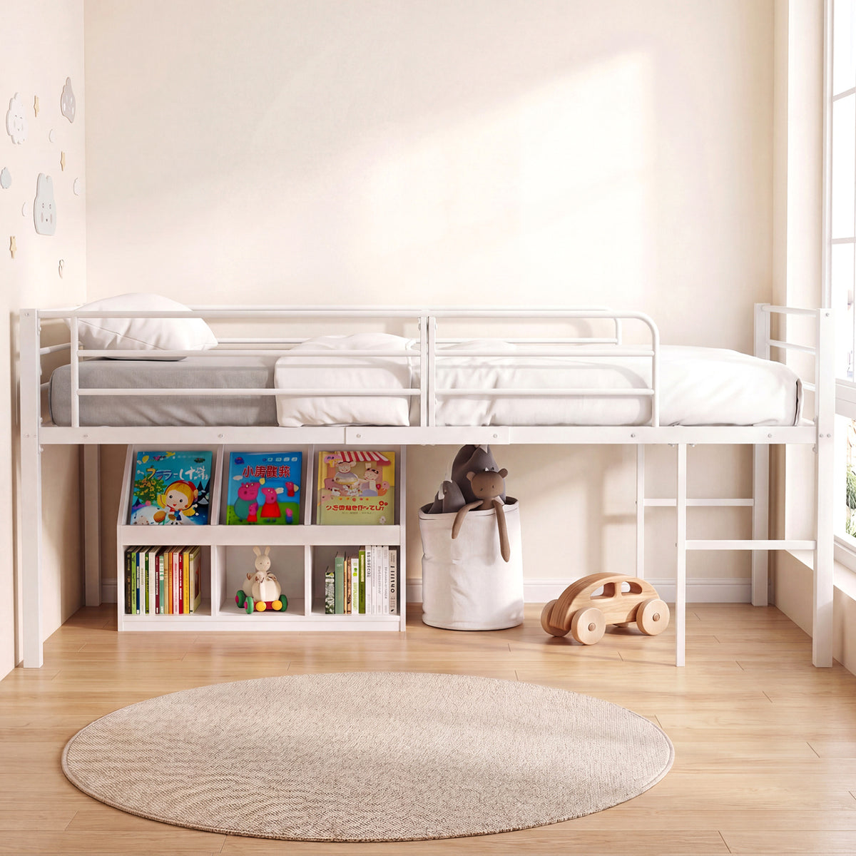 Twin Size Low Loft Bed with Safety Guardrails and 2 Ladders