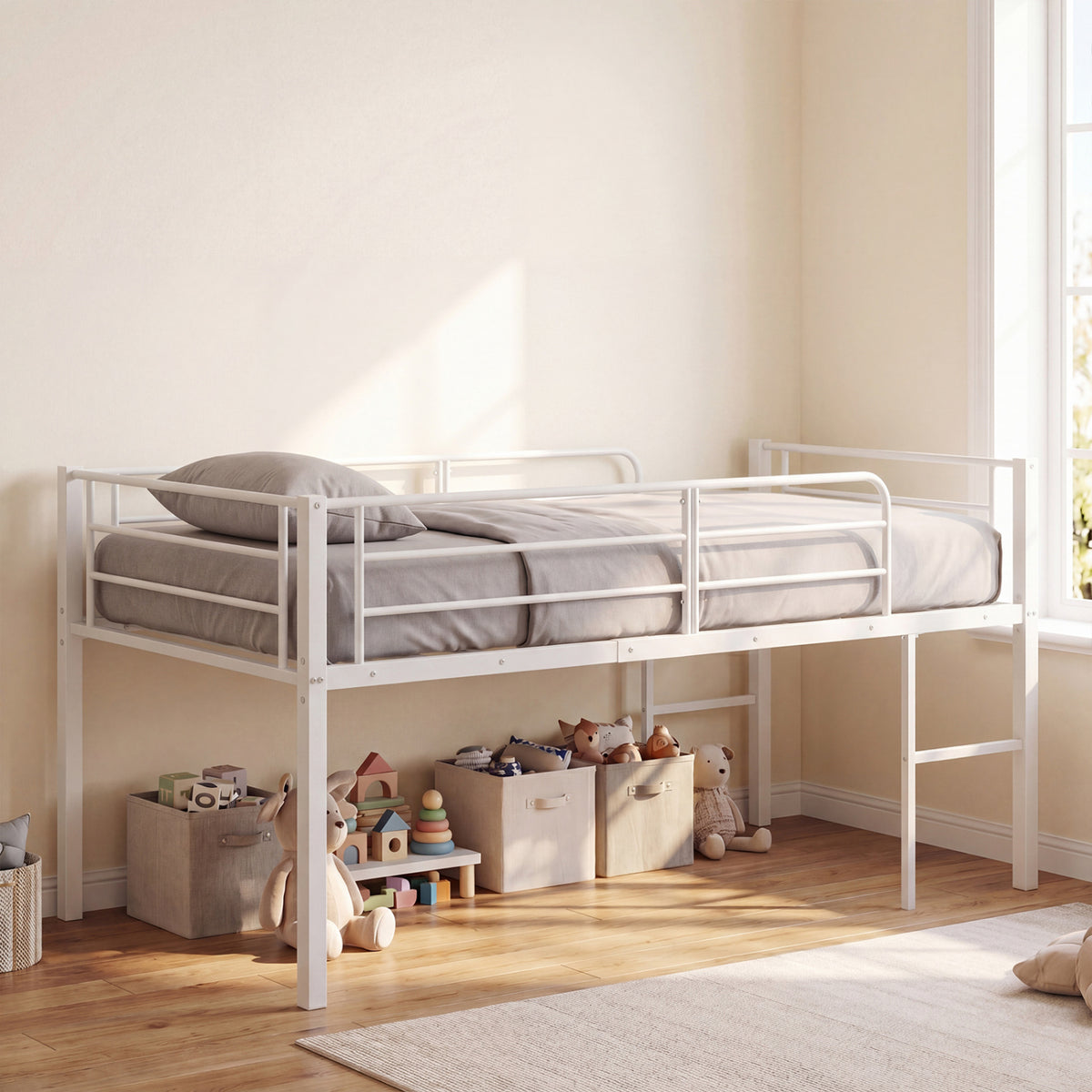 Twin Size Low Loft Bed with Safety Guardrails and 2 Ladders
