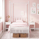 Twin Size Metal Canopy Bed Frame with Headboard and Footboard-White
