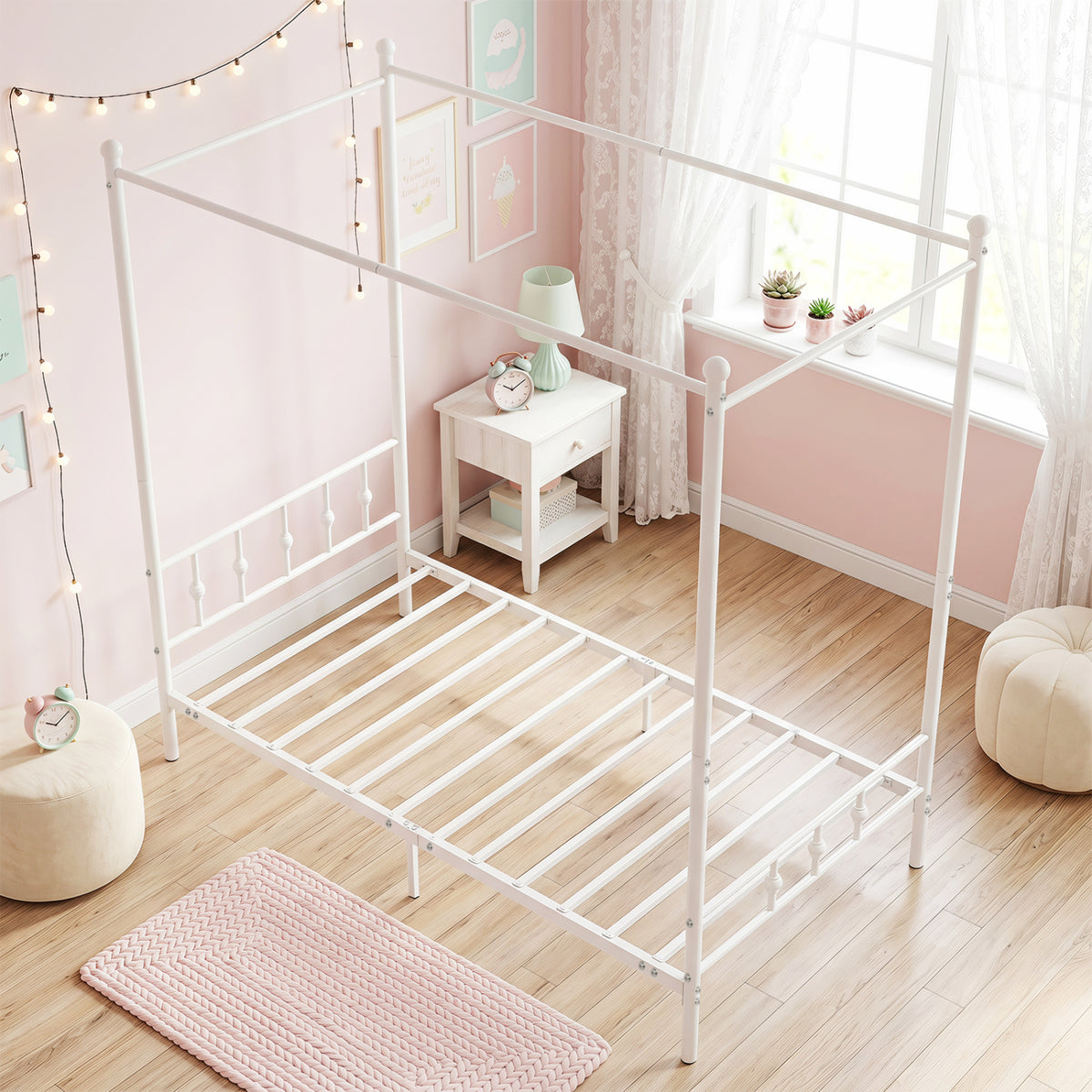 Twin Size Metal Canopy Bed Frame with Headboard and Footboard-White