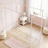 Twin Size Metal Canopy Bed Frame with Headboard and Footboard-White