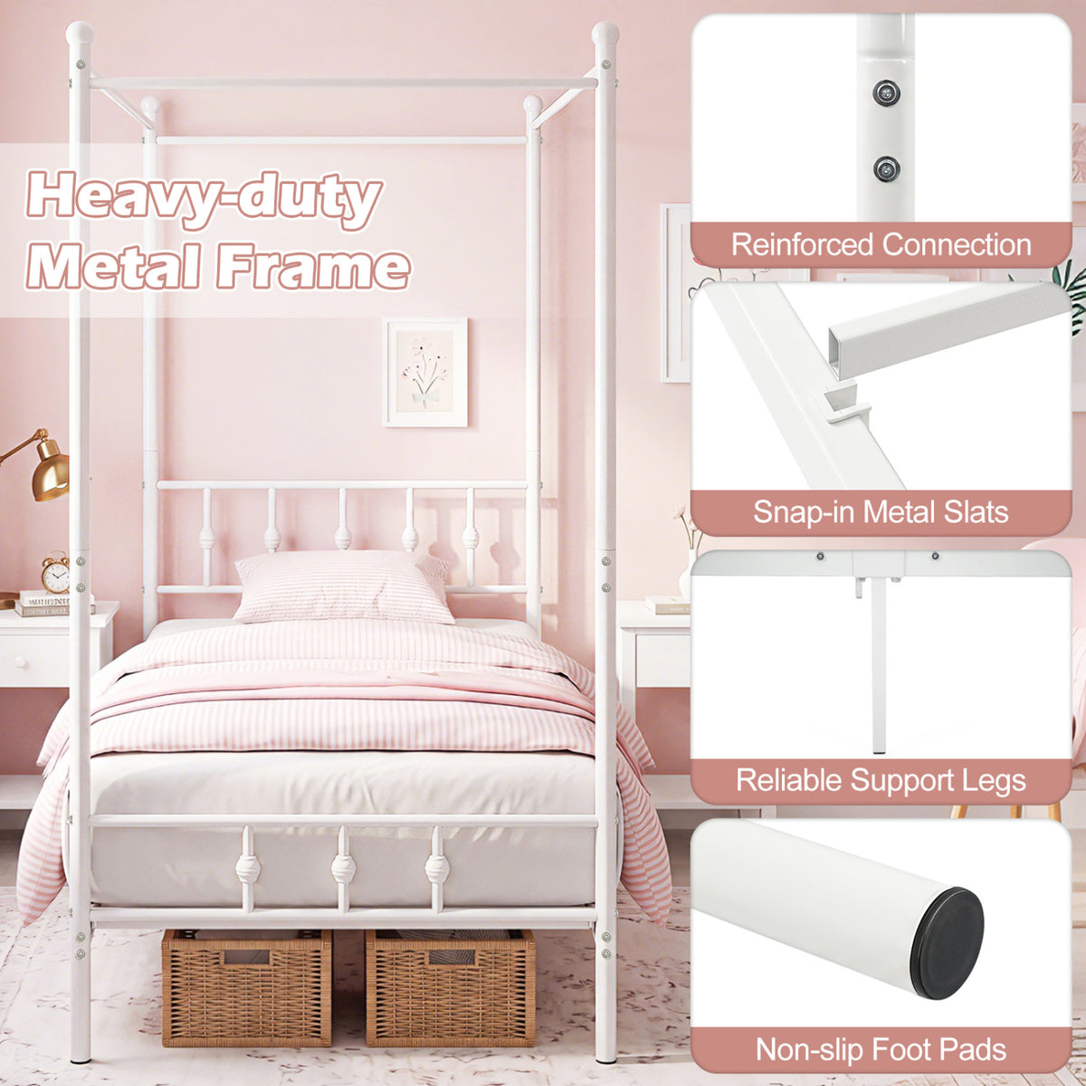 Twin Size Metal Canopy Bed Frame with Headboard and Footboard-White