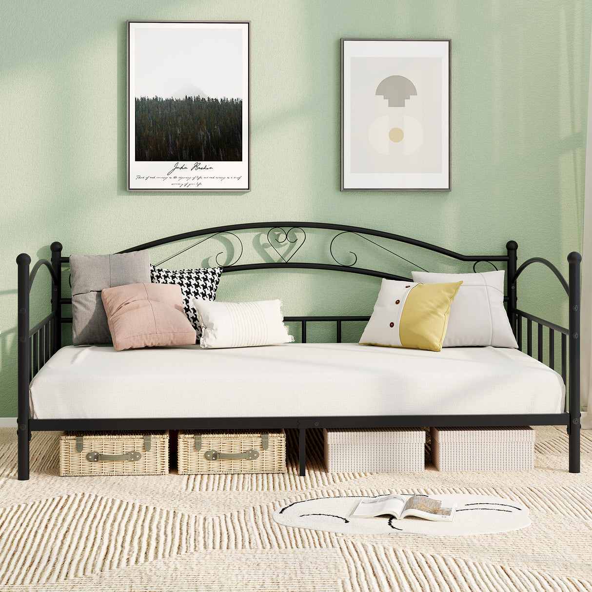 Twin Size Metal Daybed Frame with Headboard for Bedroom