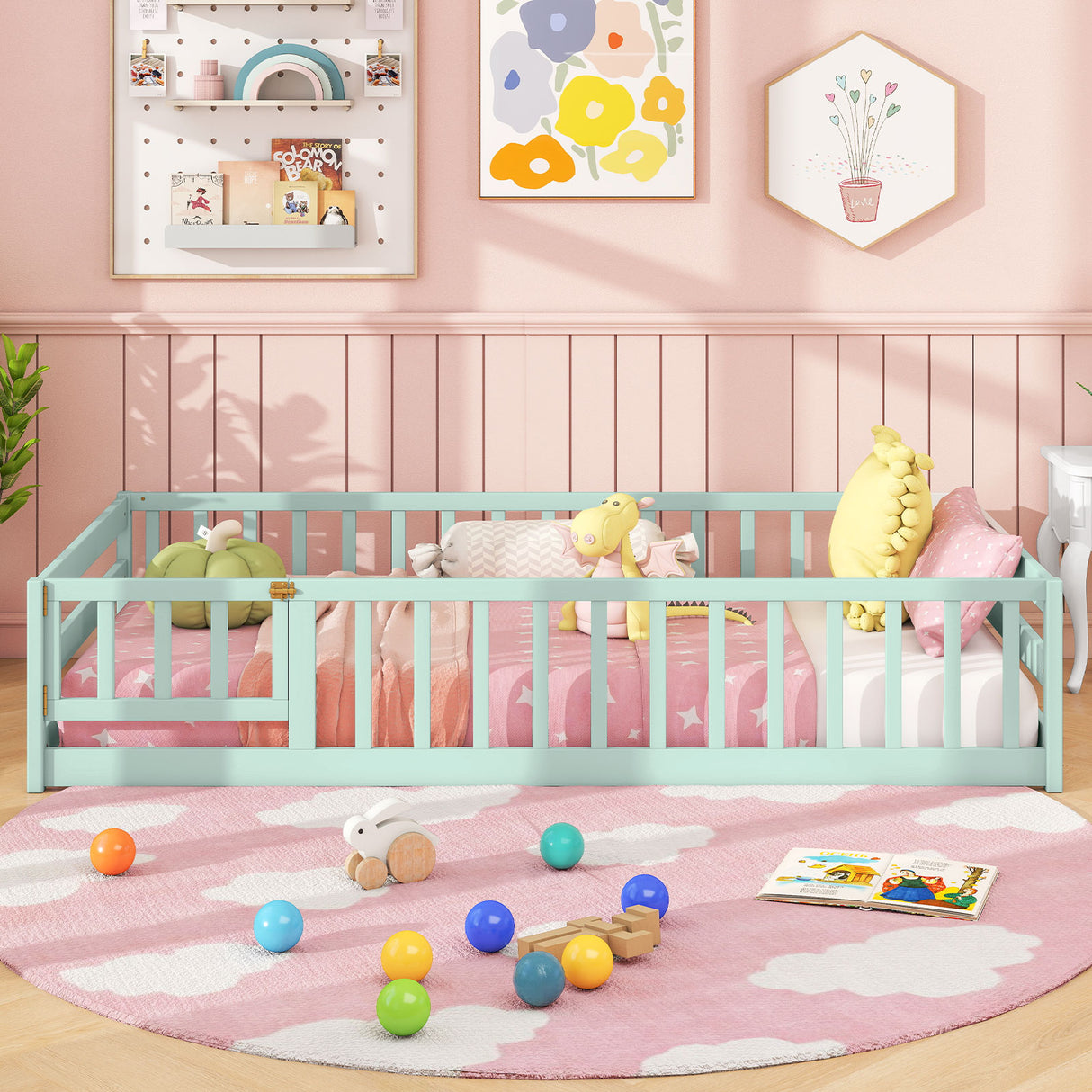 Twin Size Kids Wood Montessori Floor Bed with Door and Fence
