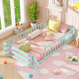 Twin Size Kids Wood Montessori Floor Bed with Door and Fence