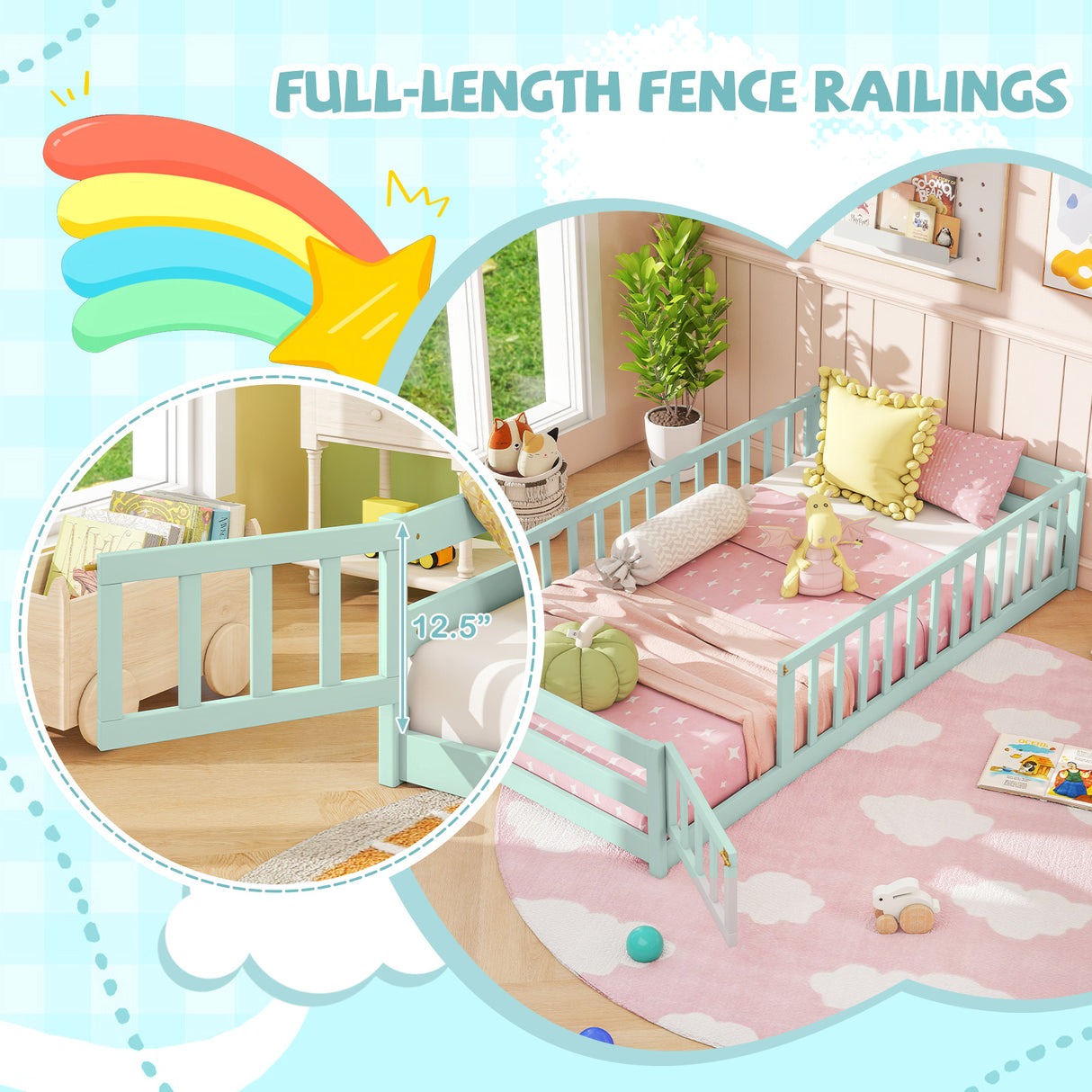 Twin Size Kids Wood Montessori Floor Bed with Door and Fence