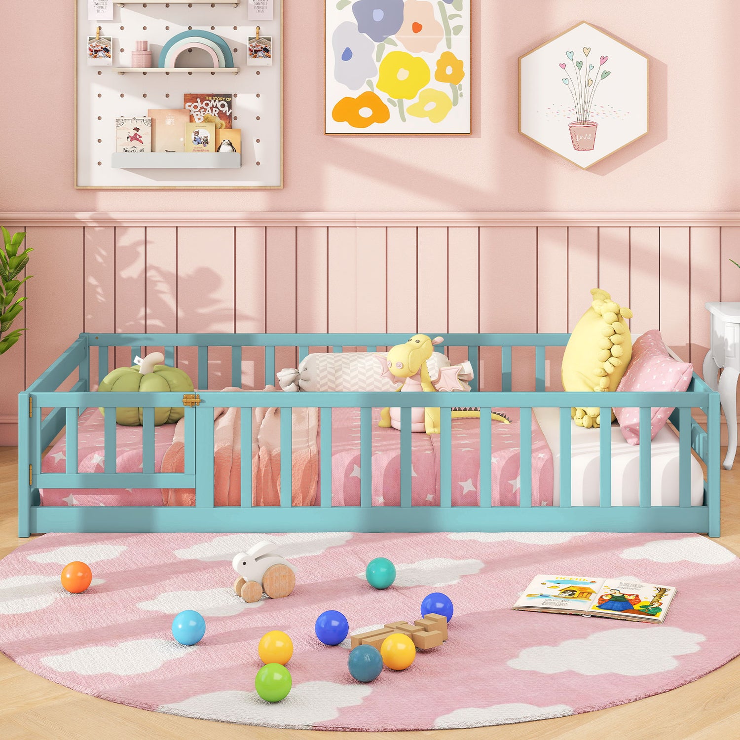 Twin Size Kids Wood Montessori Floor Bed with Door and Fence