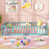 Twin Size Kids Wood Montessori Floor Bed with Door and Fence