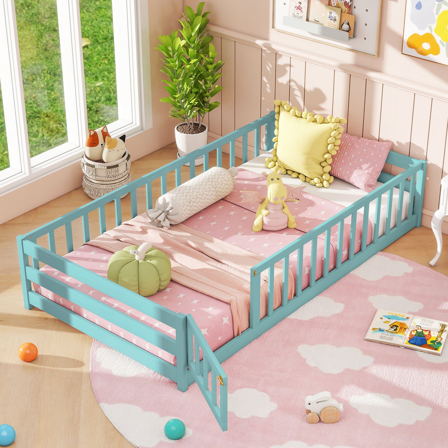 Twin Size Kids Wood Montessori Floor Bed with Door and Fence