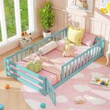 Twin Size Kids Wood Montessori Floor Bed with Door and Fence