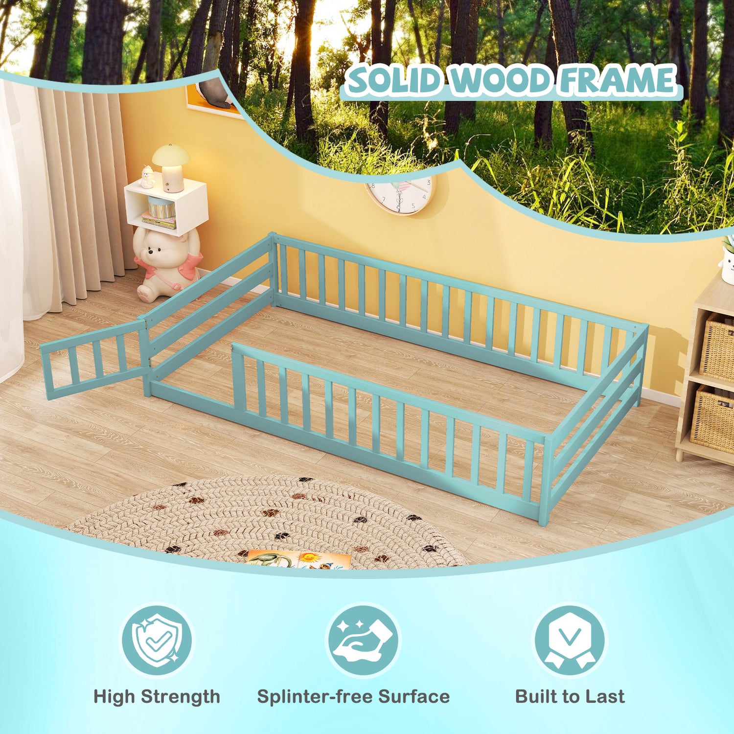 Twin Size Kids Wood Montessori Floor Bed with Door and Fence