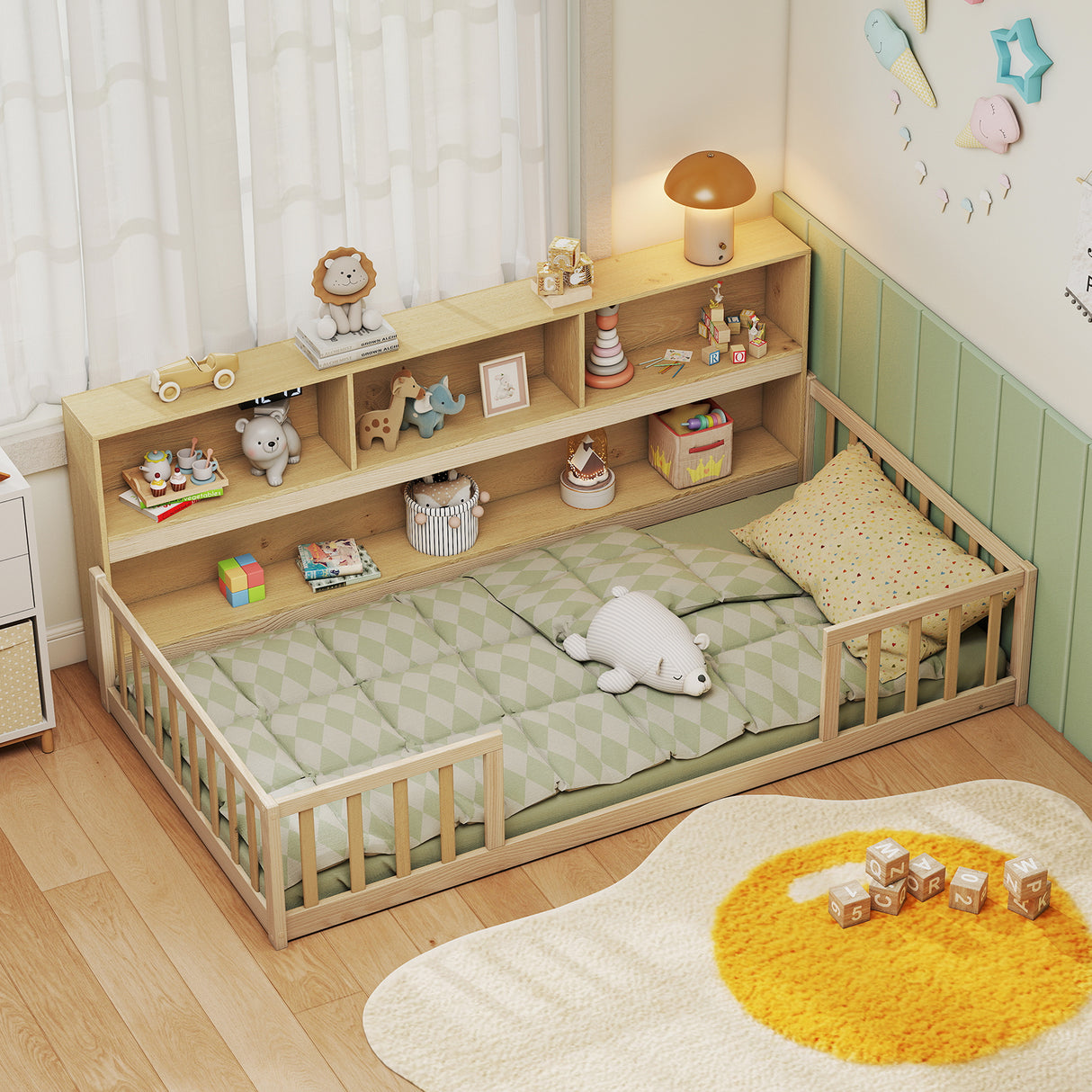 Twin Size Montessori Floor Bed with Bookcase