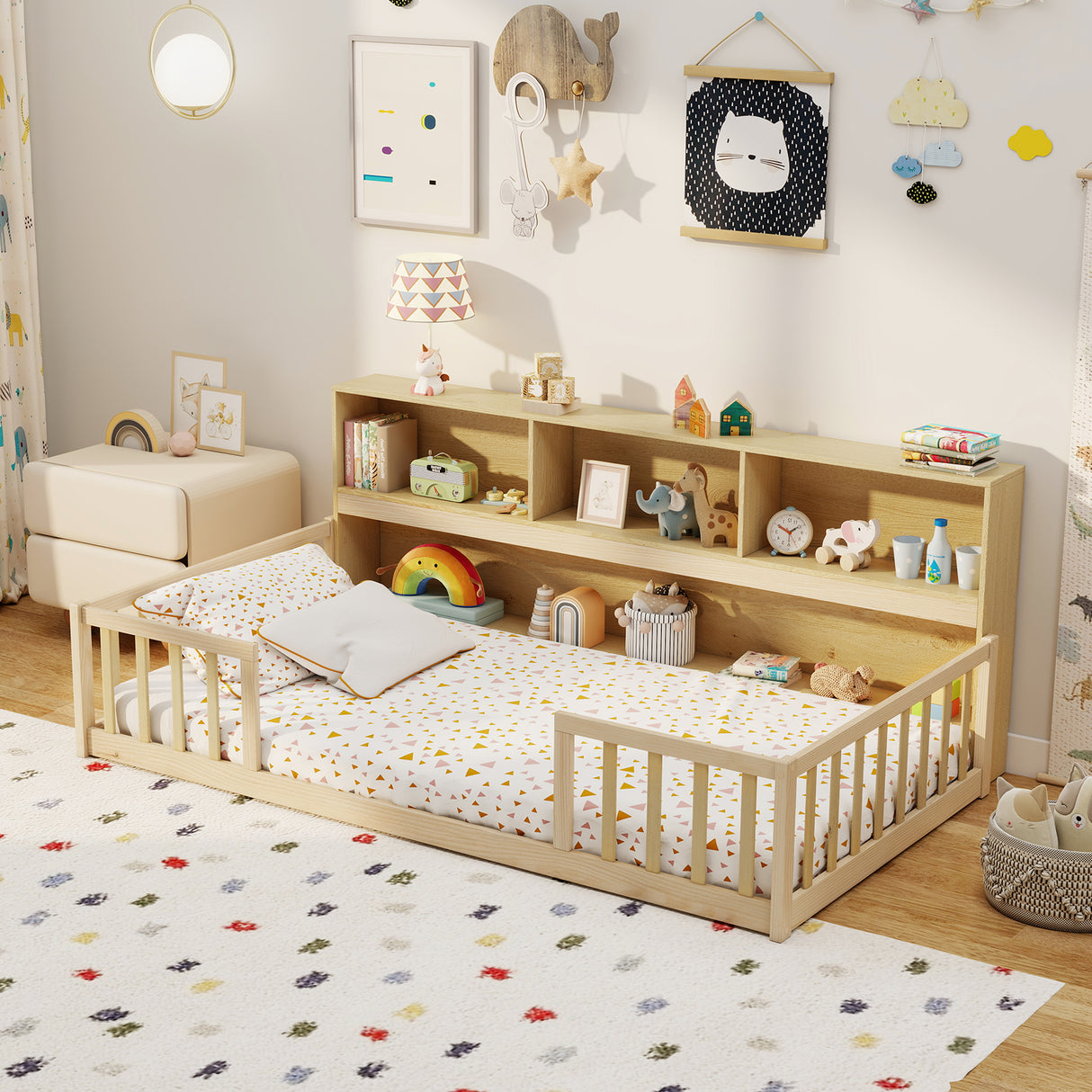 Twin Size Montessori Floor Bed with Bookcase