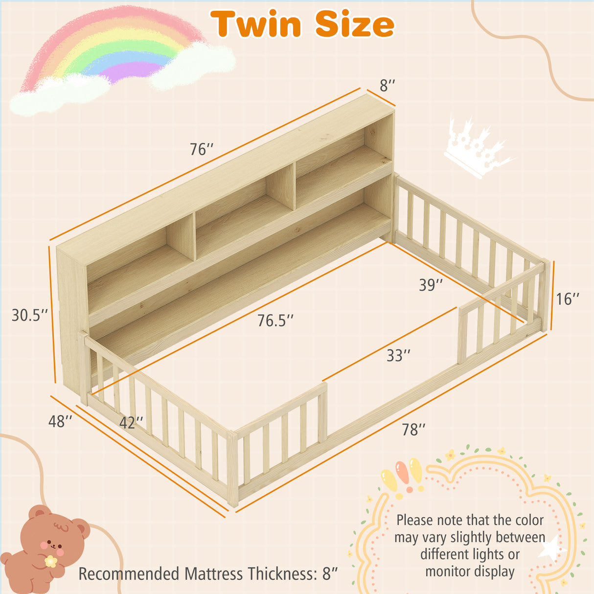 Twin Size Montessori Floor Bed with Bookcase