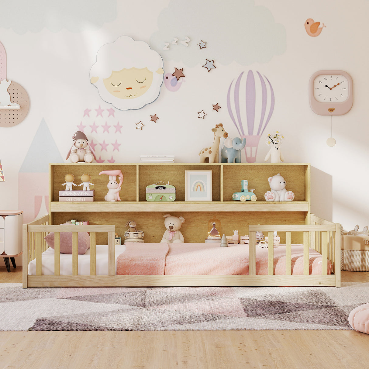 Twin Size Montessori Floor Bed with Bookcase