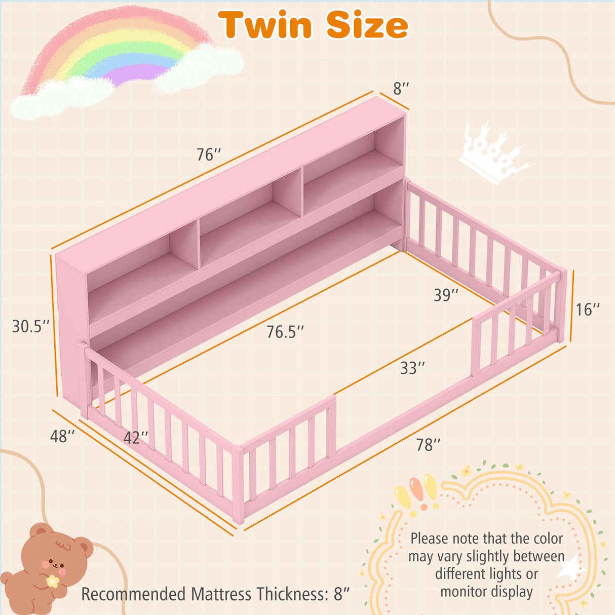 Twin Size Montessori Floor Bed with Bookcase